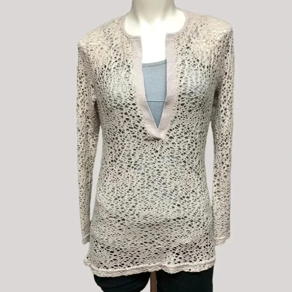 Romantic Line Taupe Deep V Crochet Long Sleeve Top Size Large